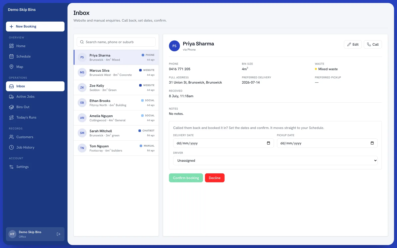 Harth dashboard inbox: captured lead with details and one-tap booking confirmation