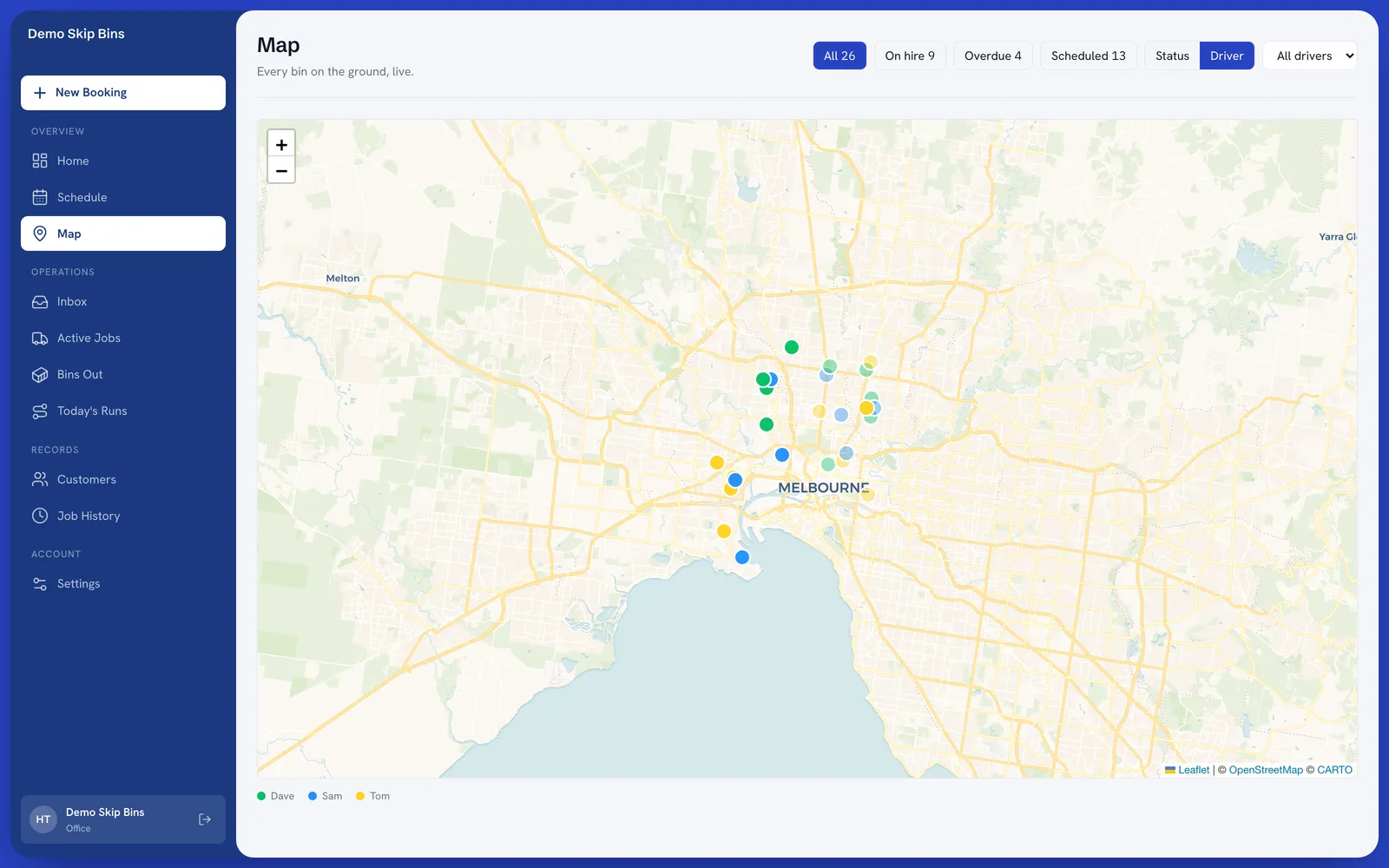 Harth dashboard map: every bin on the ground across Melbourne, colour-coded by driver