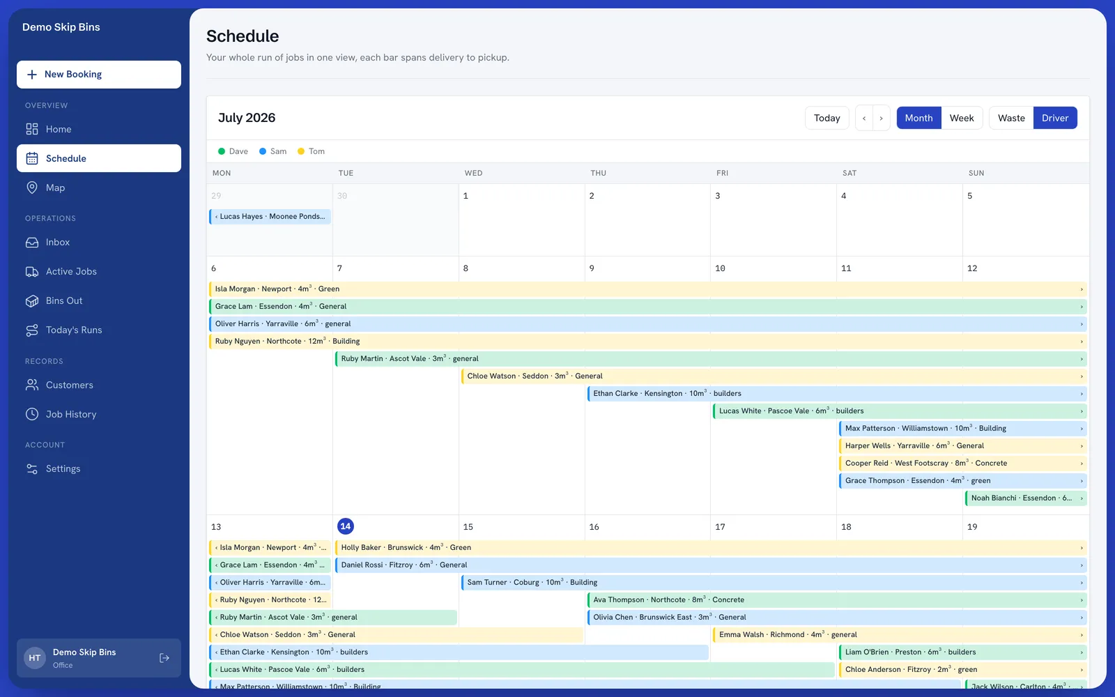Harth dashboard schedule: month view of all jobs colour-coded by driver
